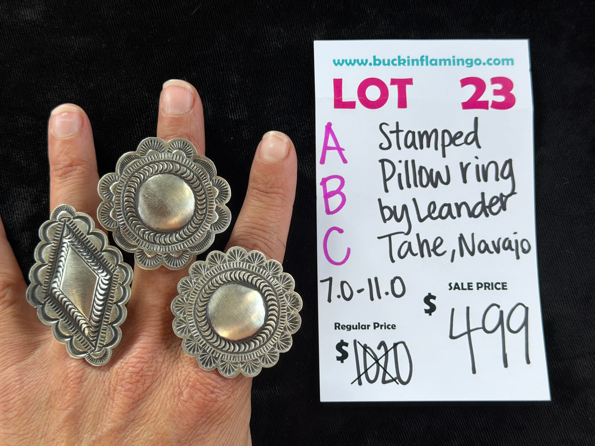 LOT 23 B 9/27 Adjustable 7.0-11.0 Stamped Pillow Ring by Leander Tahe, Navajo