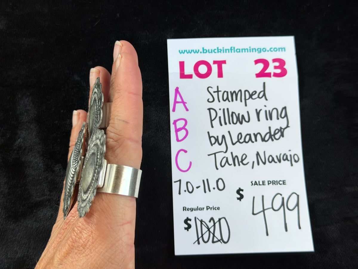 LOT 23 B 9/27 Adjustable 7.0-11.0 Stamped Pillow Ring by Leander Tahe, Navajo