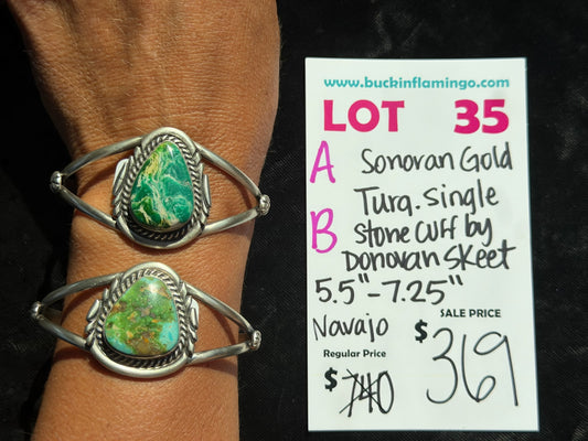 LOT 35 A 9/27 Sonoran Gold Turquoise Single Stone Cuff by Donovan Skeet, Navajo
