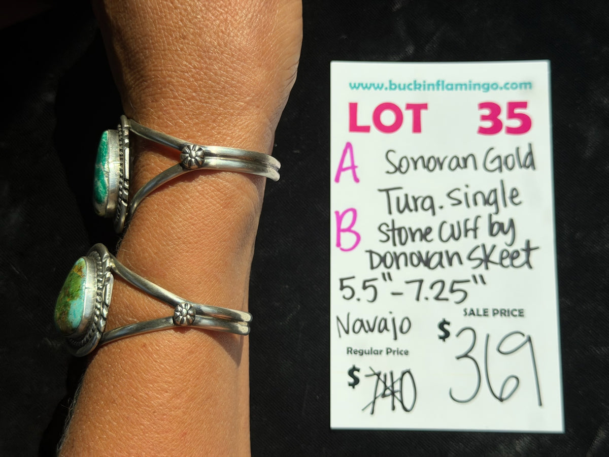 LOT 35 A 9/27 Sonoran Gold Turquoise Single Stone Cuff by Donovan Skeet, Navajo