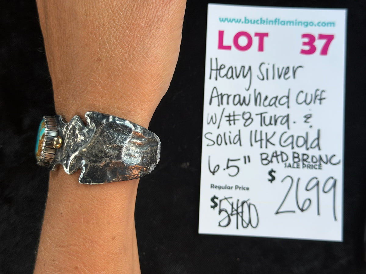 LOT 37 9/27 Heavy Silver Arrowhead Cuff w/#8 Turquoise & Solid. 14K Gold by Bad Bronc