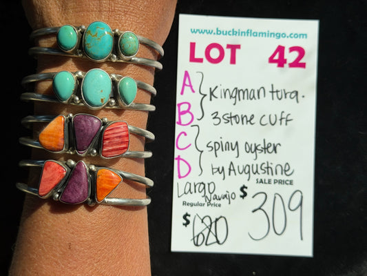 LOT 42 B 9/27 Kingman Turquoise 3 Stone Cuff by Augustine Largo, Navajo