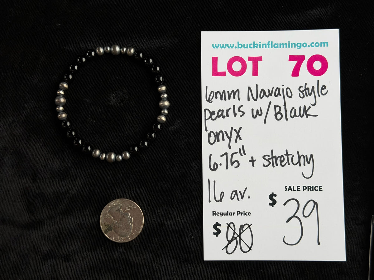 LOT 70 9/27 6mm Navajo Style Pearls W/ Black Onyx 6.75” + Stretchy