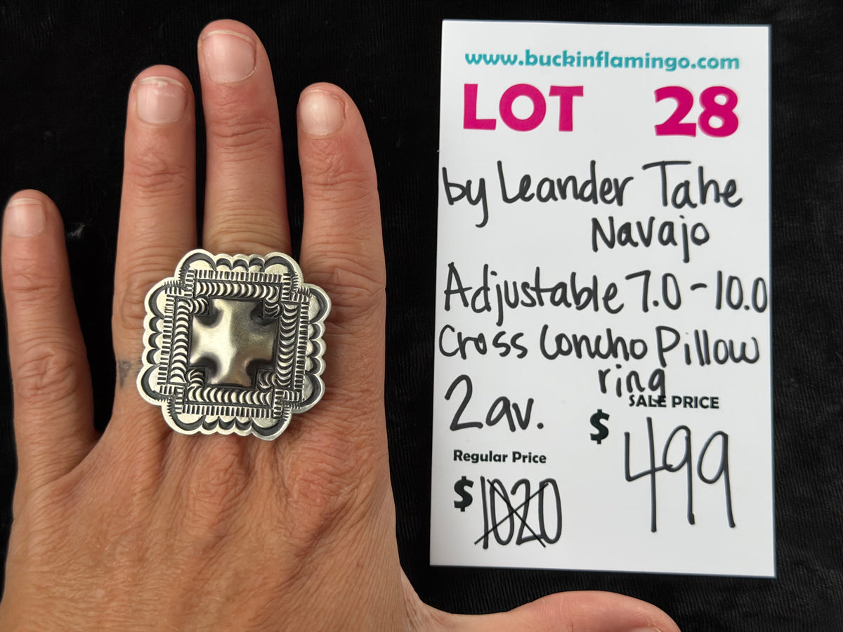 LOT 28 10/4 Adjustable 7.0-10.0 Cross Concho Pillow Ring by Leander Tahe, Navajo