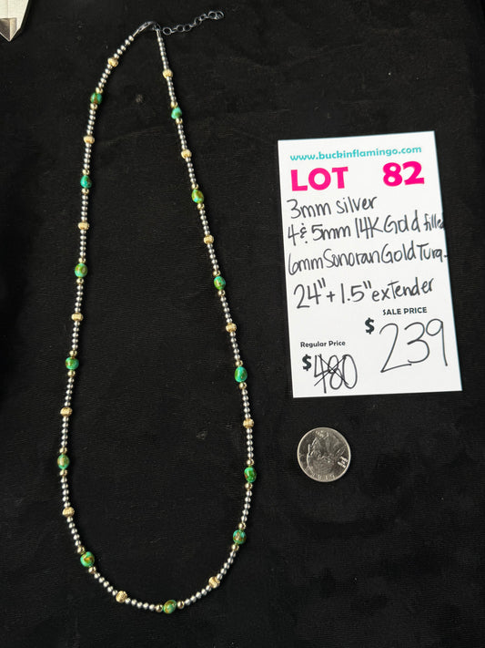 LOT 82 10/4 3mm Silver 4 & 5mm 14k Gold Filled 6mmm Sonoran Gold Turquoise 24”+1.5” Extender