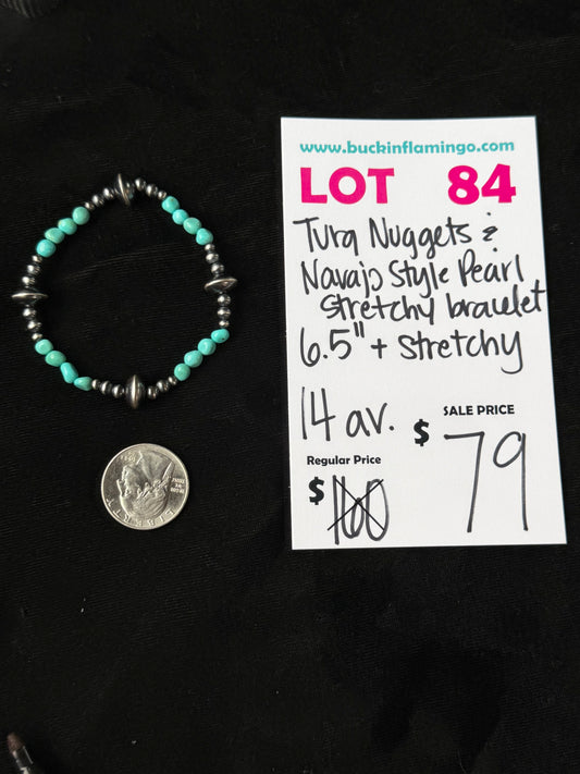 LOT 84 10/4 Turquoise Nuggets & Navajo Style Pearl Stretchy Bracelet 6.5” + Stretchy