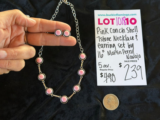 LOT 10 10/18 Pink Conch Shell 7 Stone Necklace & Earring Set by Martin Perry, Navajo 16”