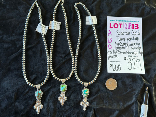 LOT 13C 10/18 Sonoran Gold Turquoise Pendant by Gary Shorty, Navajo on 16” 5mm Navajo Style Pearls