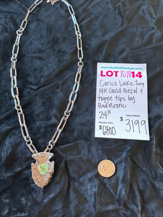 LOT 14 10/18 Carico Lake Turquoise 14K Gold Bezel & Toggle Tips by Bad Bronc 24”