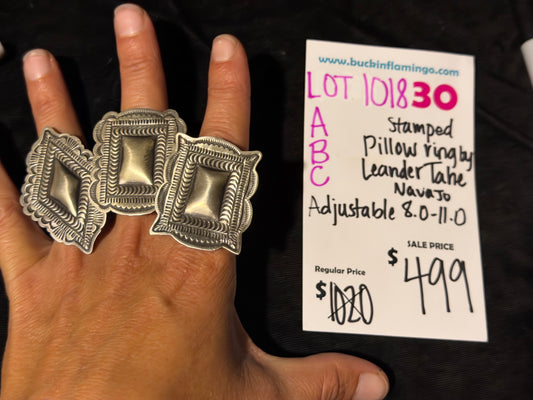 LOT 30 C 10/18 Adjustable 8.0-11.0 Stamped Pillow Ring by Leander Tahe, Navajo