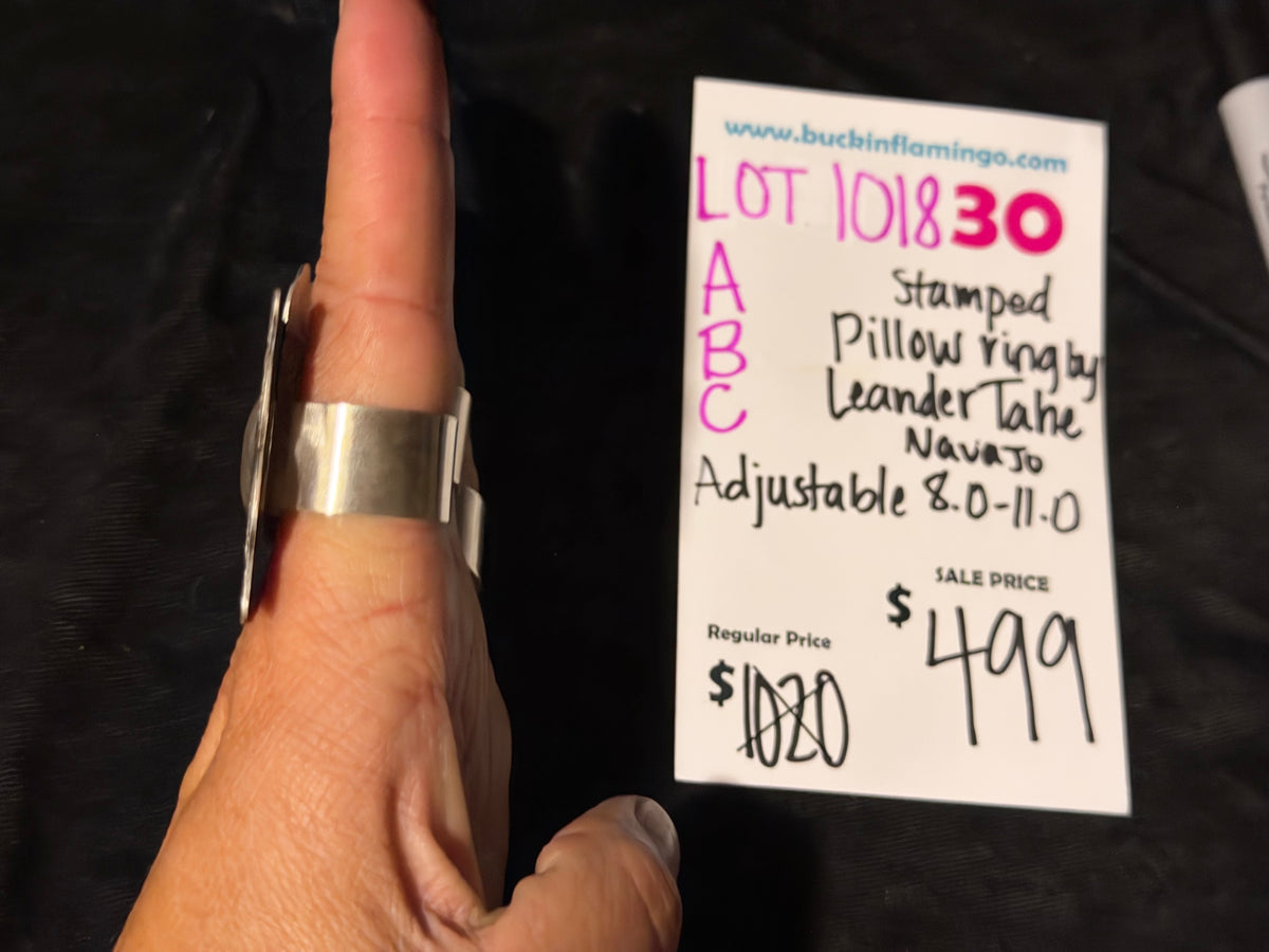 LOT 30 A 10/18 Adjustable 8.0-11.0 Stamped Pillow Ring by Leander Tahe, Navajo