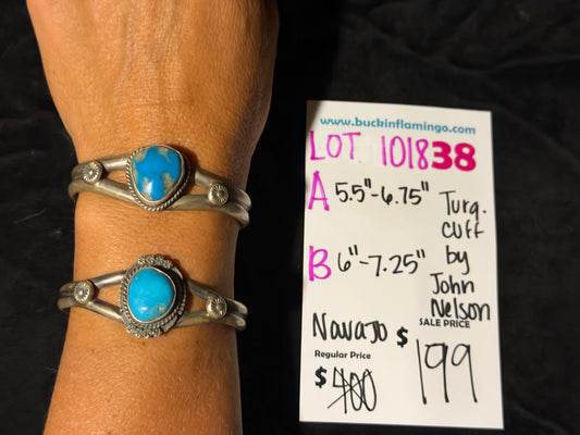 LOT 38 A 10/18 Turquoise Cuff by John Nelson, Navajo 5.5”-6.75”