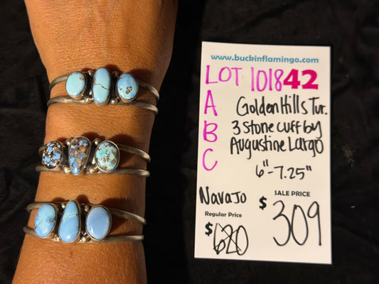 LOT 42 C 10/18 Golden Hills Turquoise 3 Stone Cufff by Augustine Largo, Navajo 6”-7.25”