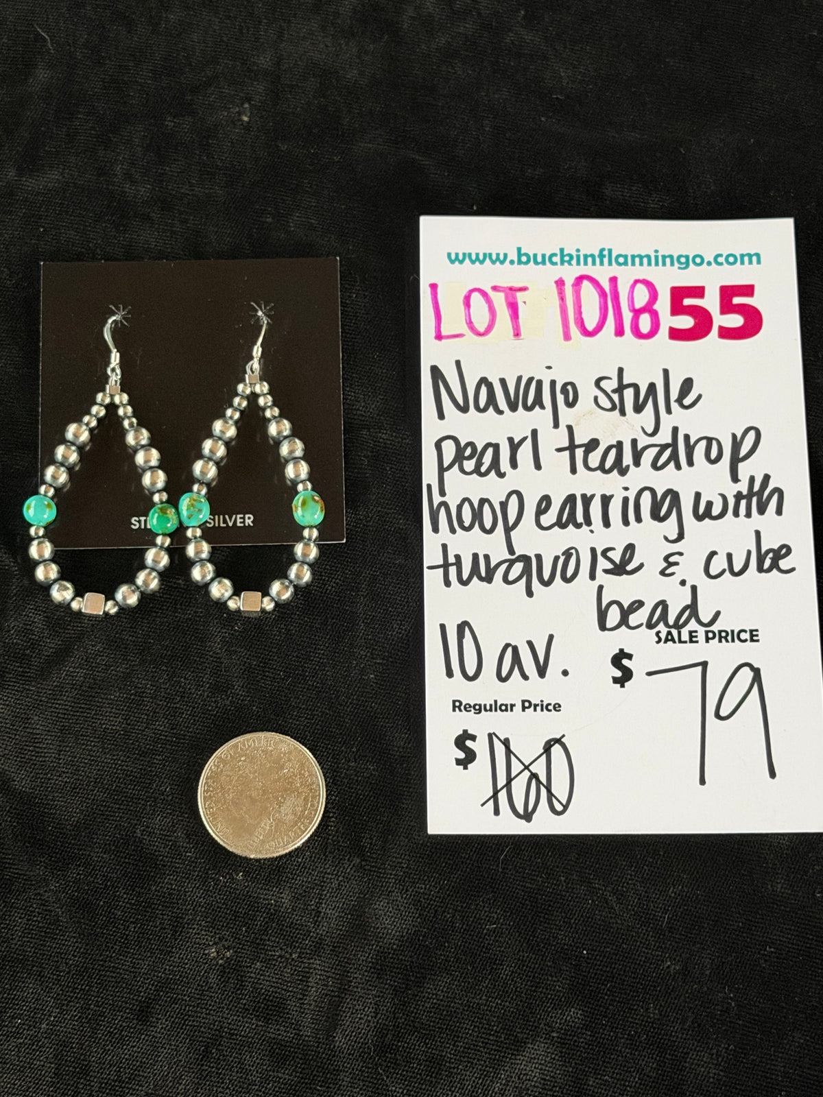 LOT 55 10/18 Navajo Style Pearl Teardrop Hoop Earring with Turquoise & Cube Bead