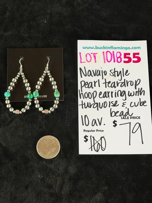 LOT 55 10/18 Navajo Style Pearl Teardrop Hoop Earring with Turquoise & Cube Bead