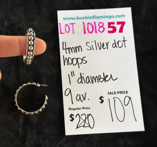 LOT 57 10/18 4mm Silver Dot Hoops 1” Diameter