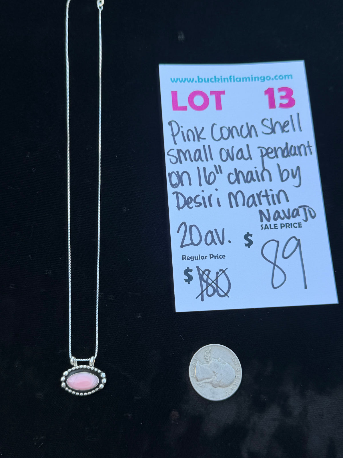 LOT 13 10/25 Pink Conch Shell Small Oval Pendant on 16” Chain by Desiri Martin, Navajo