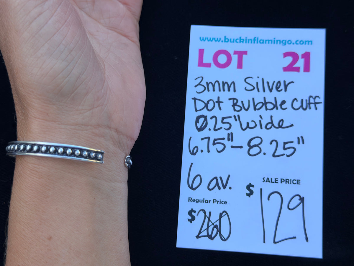 LOT 21 10/25 3mm Silver Dot Bubble Cuff .25” Wide 6.75”-8.25”