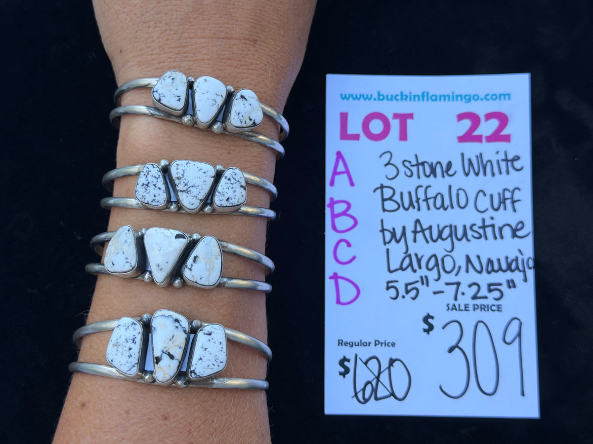 LOT 22 C 10/25 3 Stone White Buffalo Cuff by Augustine Largo, Navajo 5.5”-7.25”