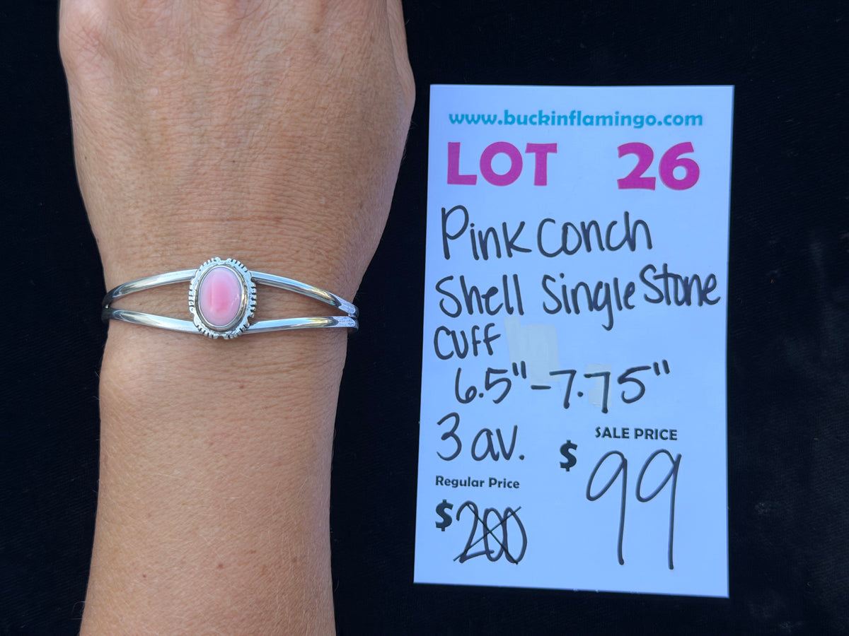 LOT 26 10/25 Pink Conch Shell Single Stone Cuff 6.5”-7.75”