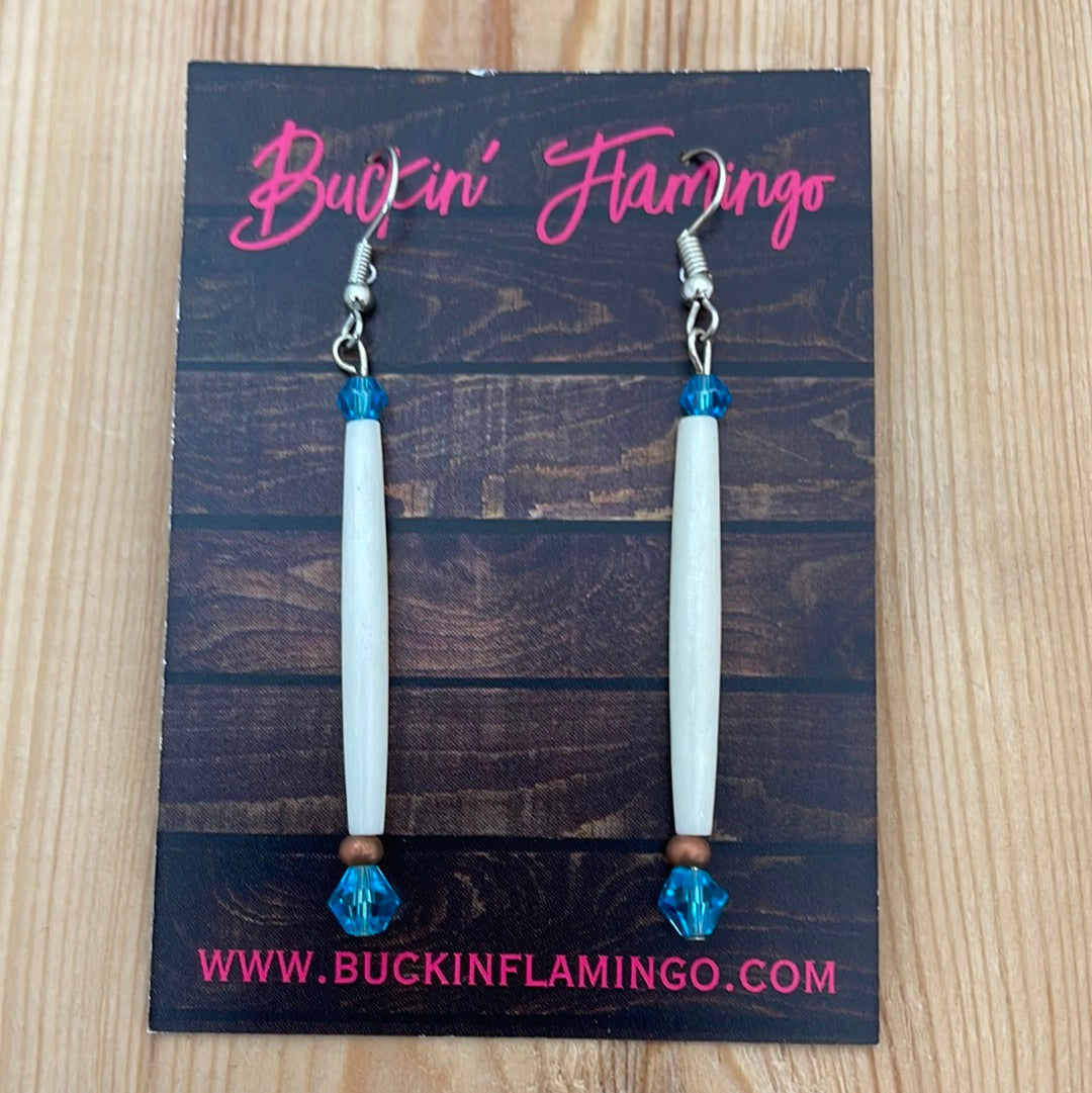 Bone with 2 Light Blue Beads on Hook Earrings