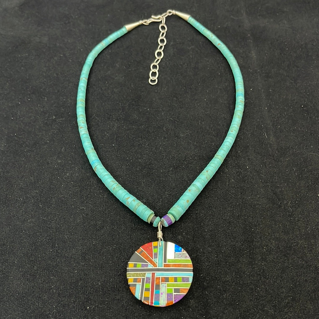 Heishi Cut Turquoise with Round Inlay Pendant by Ambrosio Chaves, Santo Domingo
