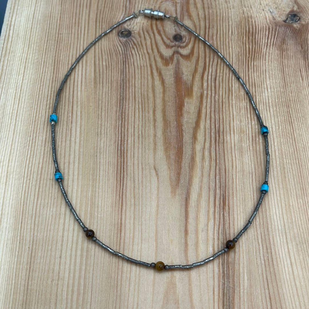 Vintage 14" Liquid Silver Turquoise & Tigers Eye