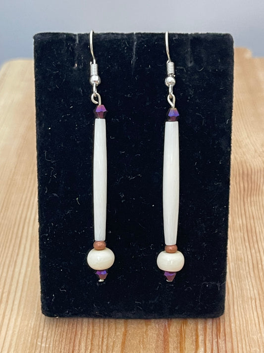 Bone with Purple Beads on Hook Earrings