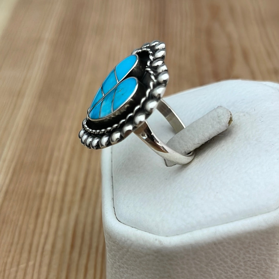 8.0 Turquoise Inlay Heart Ring by Faye Lowsayatee, Zuni