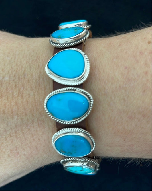 Turquoise and Leather Bracelet by Carla Rodriguez, Navajo