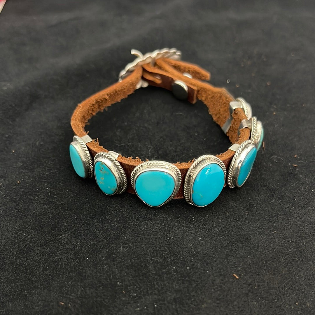 Turquoise and Leather Bracelet by Carla Rodriguez, Navajo