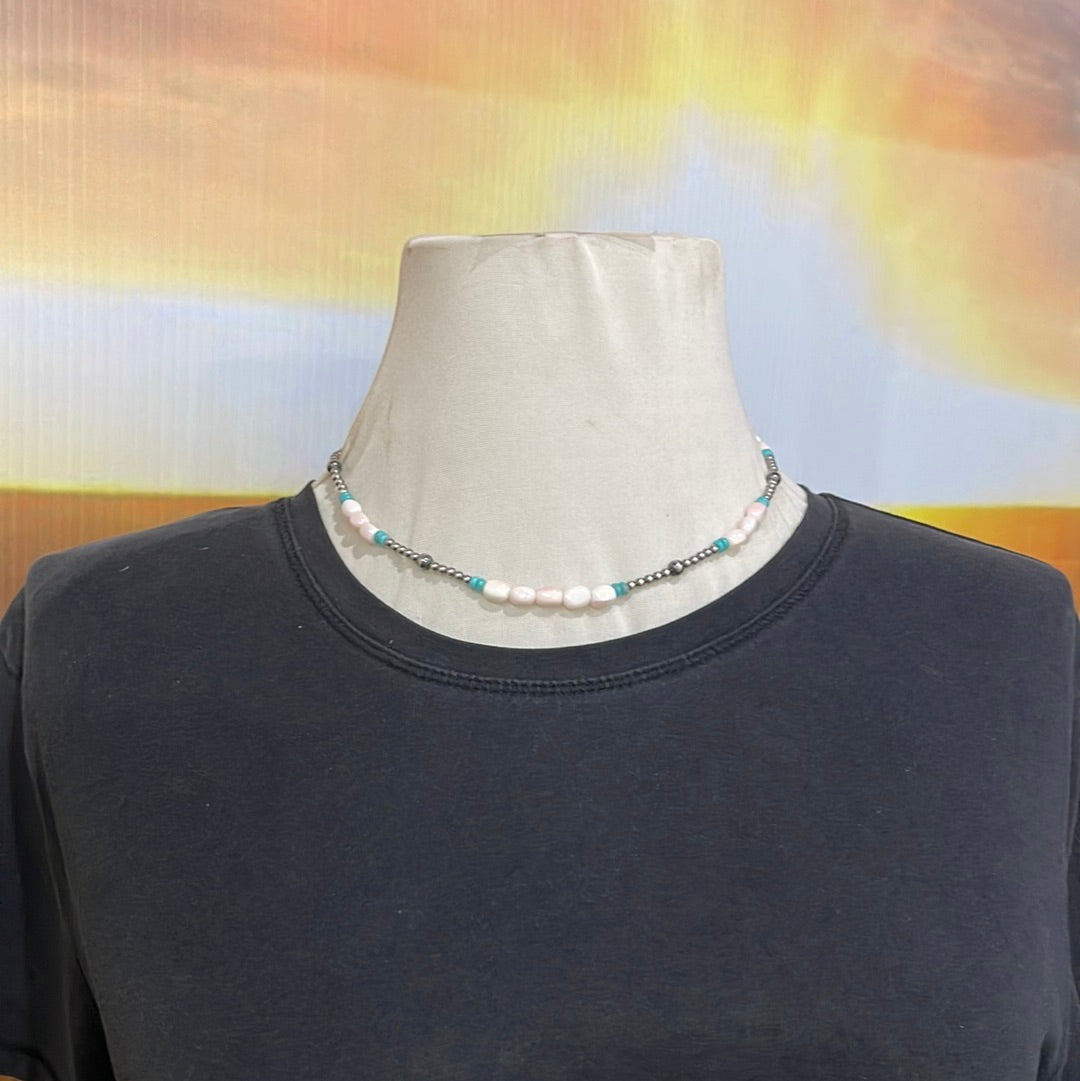 Navajo Pearl, Pink Conch, & Turquoise 16" Necklace