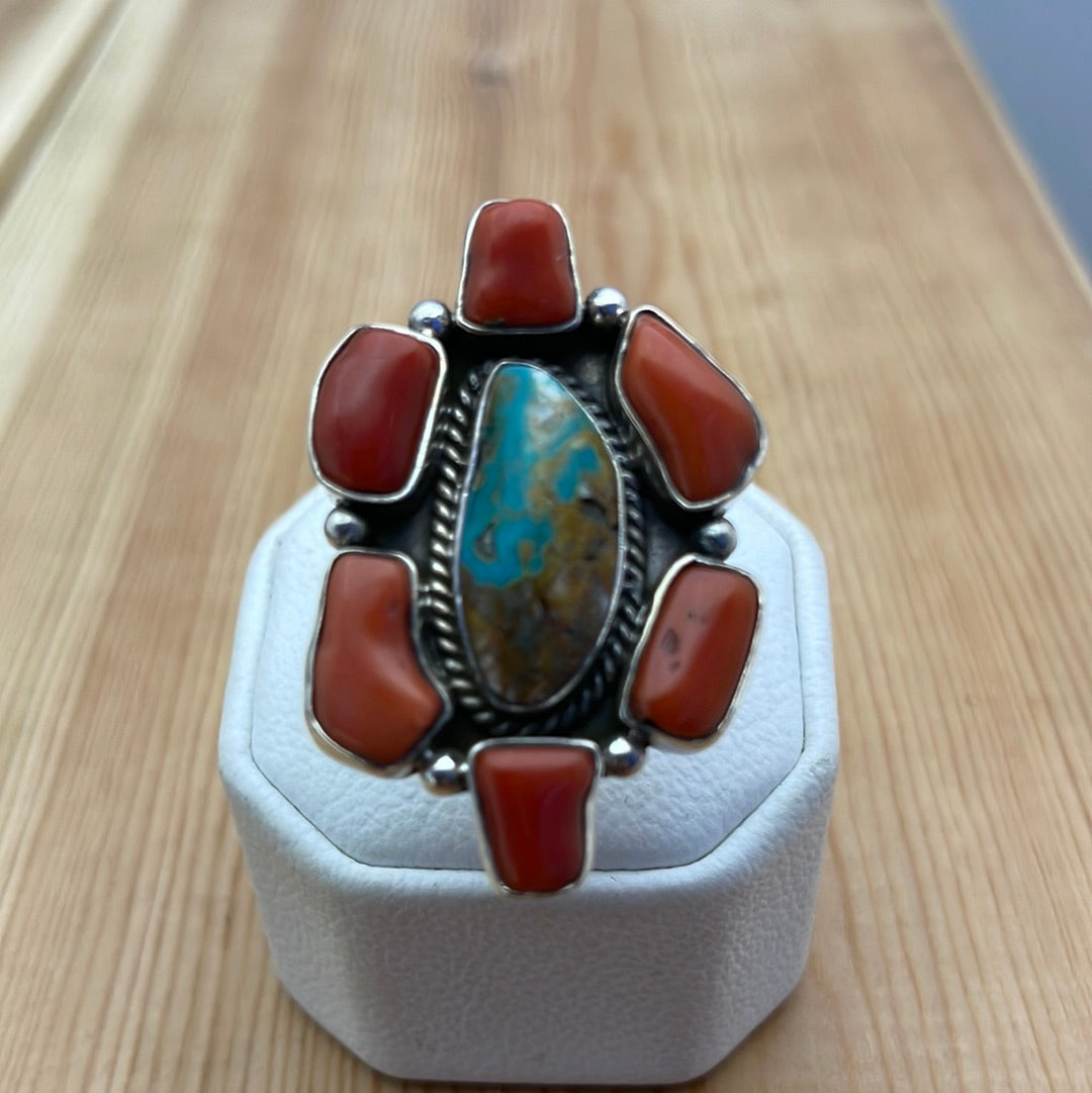 Royston Turquoise & Coral Adjustable Ring