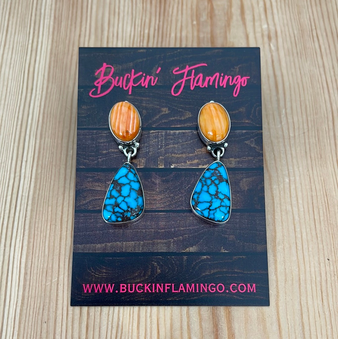 Orange Spiny Oyster with Dangling Turquoise Earrings