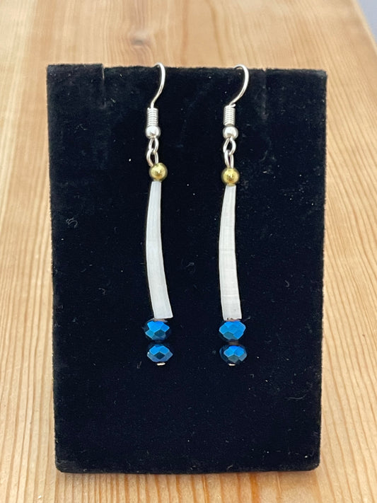 Dentalium Shell & 2 Blue Bead on Hook Earrings