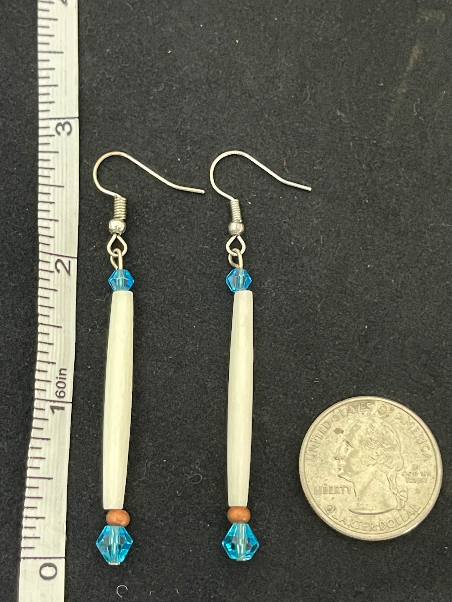 Bone with 2 Light Blue Beads on Hook Earrings