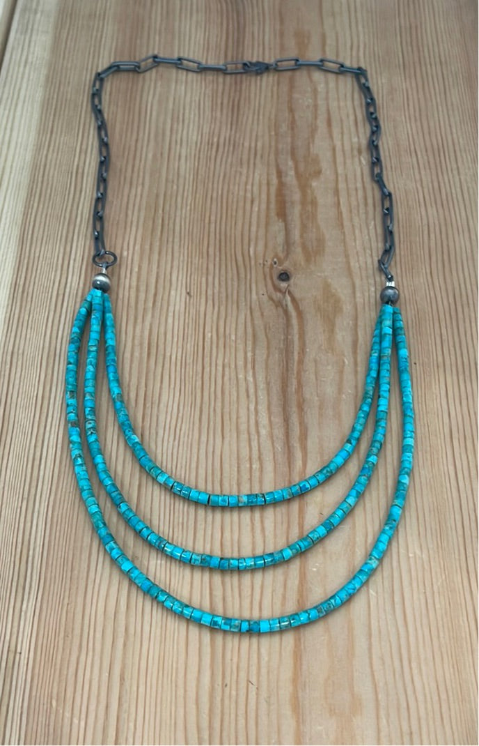 3 Strand Heishi Turquoise with Paperclip Chain - 22" Necklace