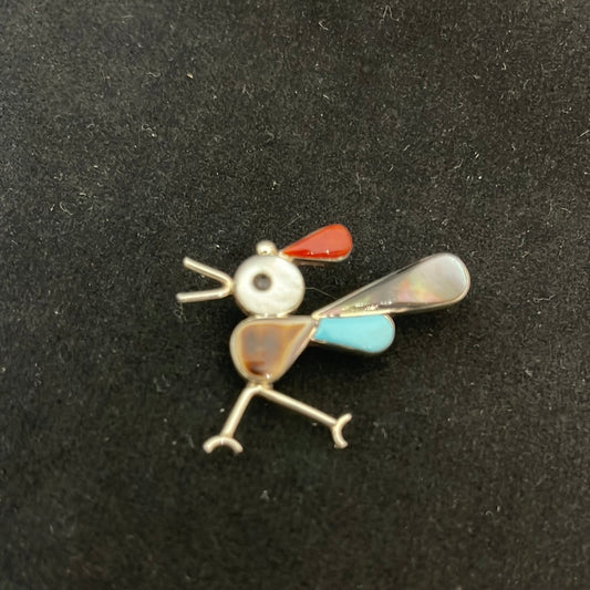 Abalone Shell, Mother of Pearl, Coral, Black Jet, and Sleeping Beauty Turquoise Inlay on a Roadrunner Pin/Brooch/Pendant
