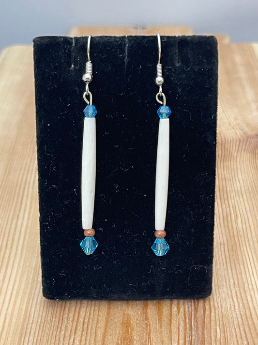 Bone with 2 Light Blue Beads on Hook Earrings