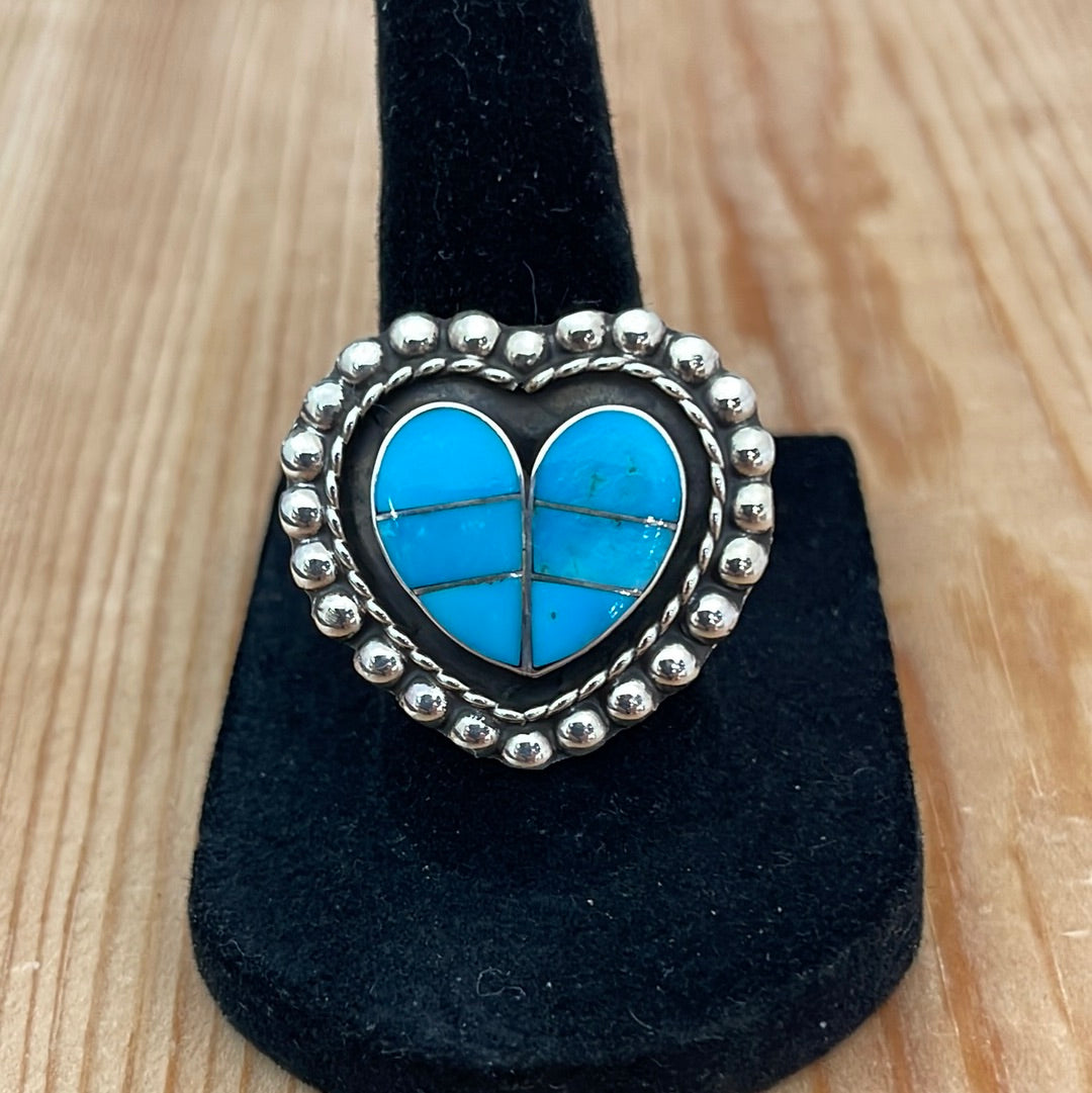 8.0 Turquoise Inlay Heart Ring by Faye Lowsayatee, Zuni