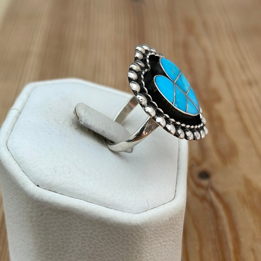 8.0 Turquoise Inlay Heart Ring by Faye Lowsayatee, Zuni