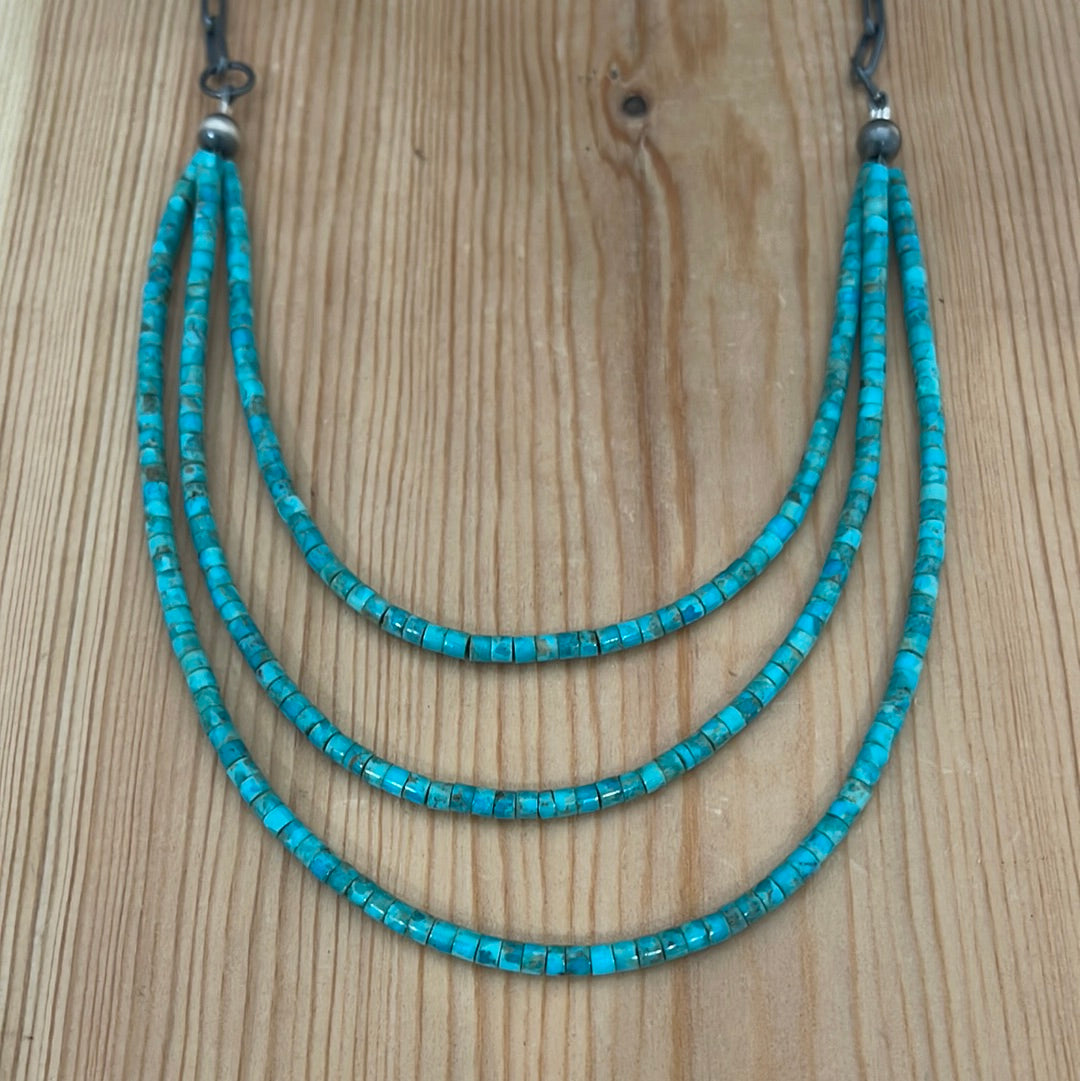 3 Strand Heishi Turquoise with Paperclip Chain - 22" Necklace
