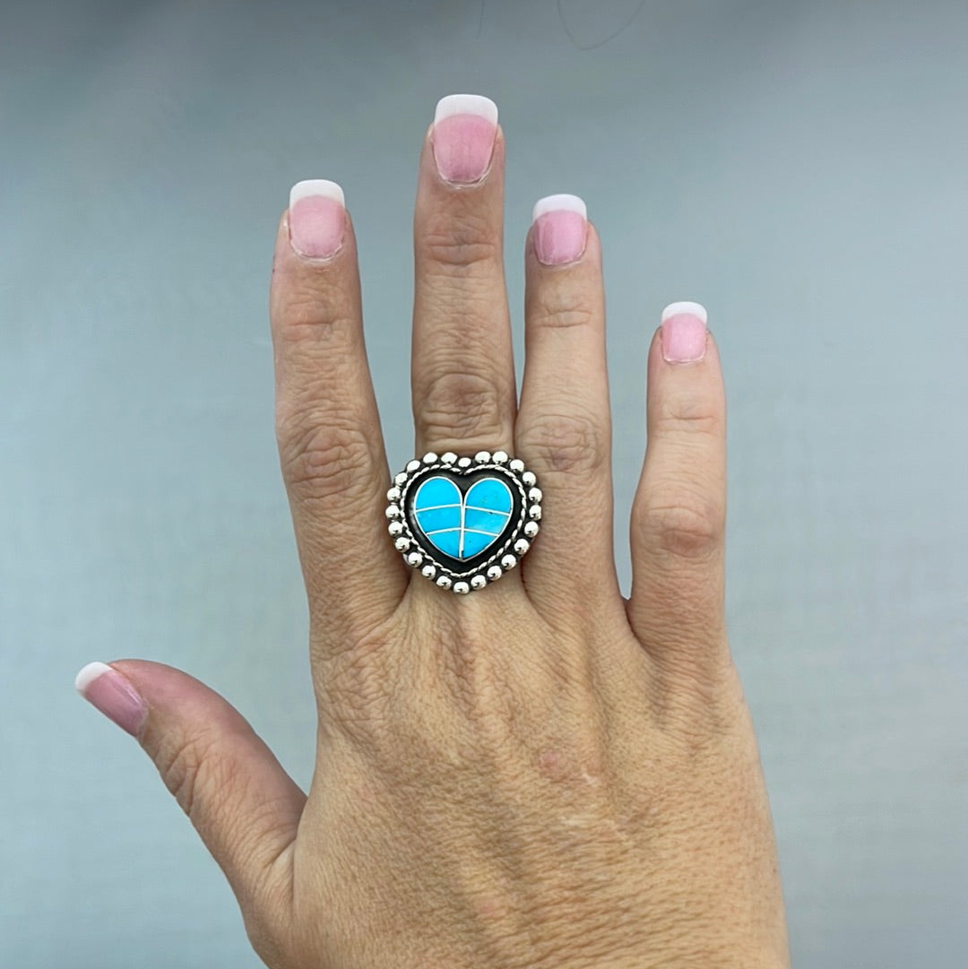 8.0 Turquoise Inlay Heart Ring by Faye Lowsayatee, Zuni