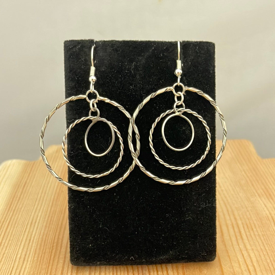 3 Circle Sterling Silver Dangle Hoop Earrings by Nashina Leonard, Navajo