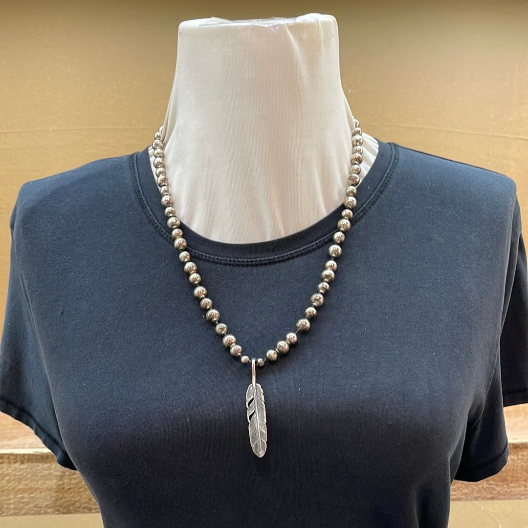 Vintage Silver Beads with Feather 22” Necklace