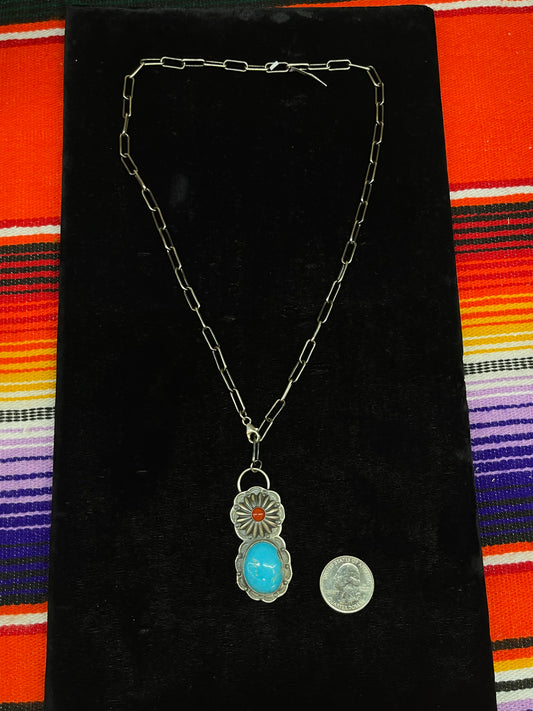 21" White Water Turquoise & Coral Lariat Necklace
