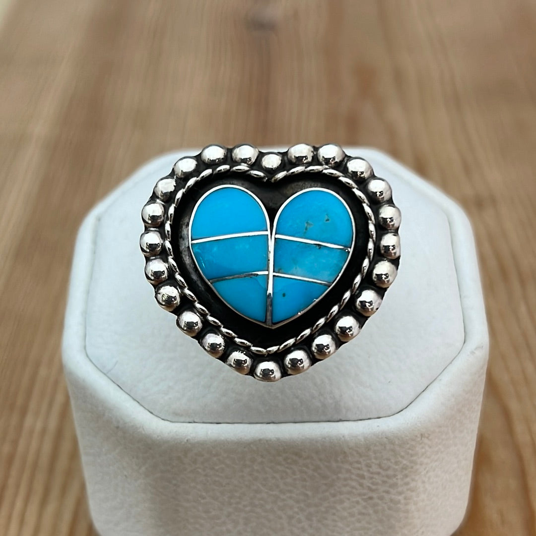 8.0 Turquoise Inlay Heart Ring by Faye Lowsayatee, Zuni