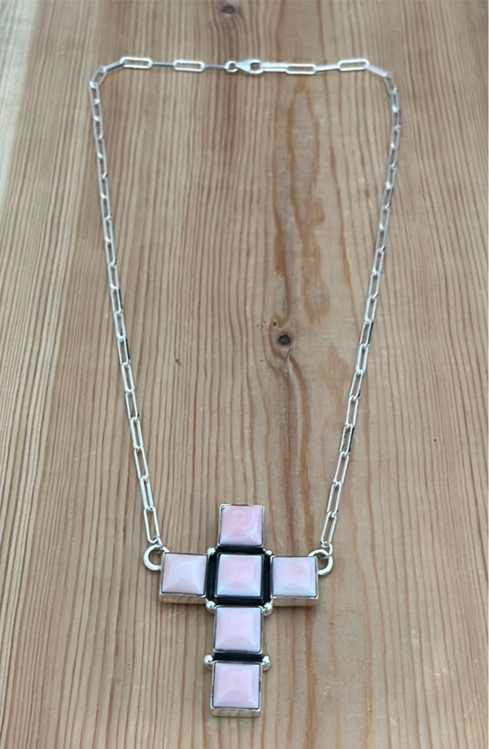 Pink Conch Shell Cross 18” Necklace
