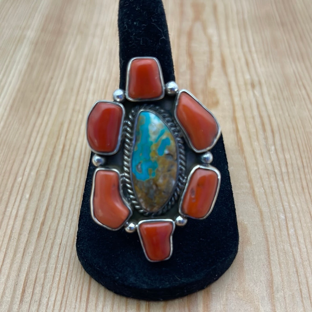 Royston Turquoise & Coral Adjustable Ring