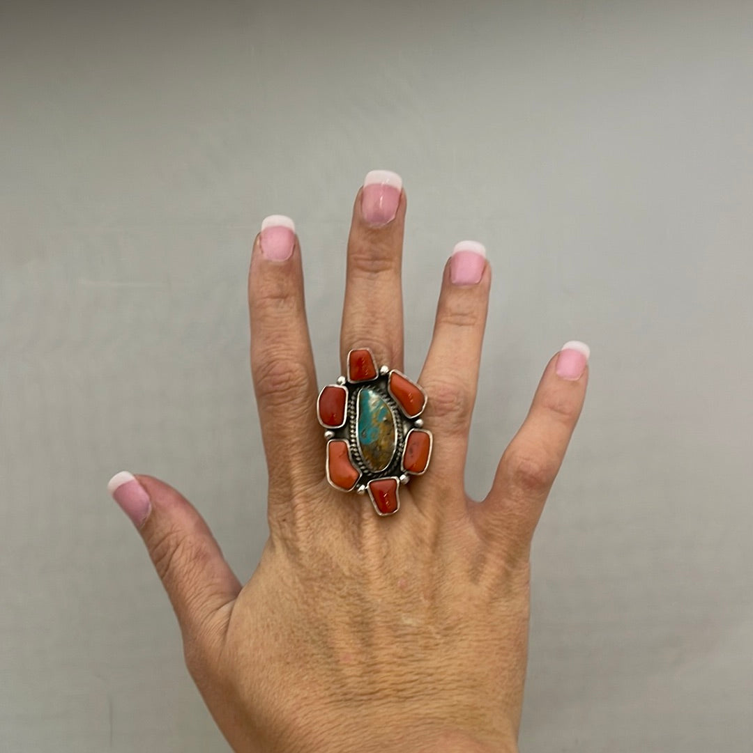 Royston Turquoise & Coral Adjustable Ring